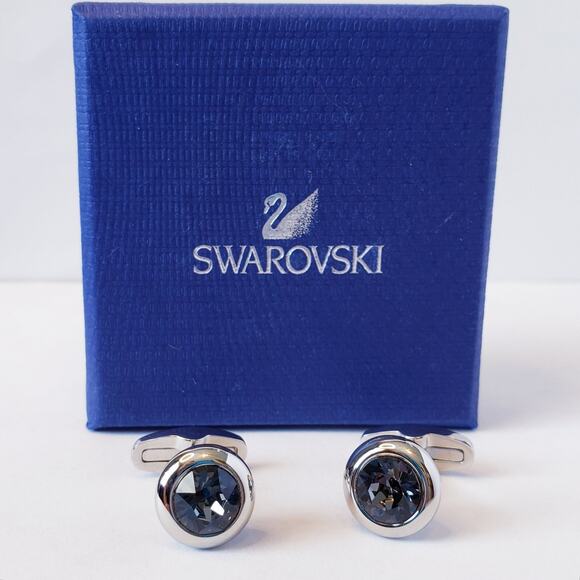 Swarovski Blue Crystal Silver Tone Round Cufflinks w/ Gift Box - Picture 1 of 6